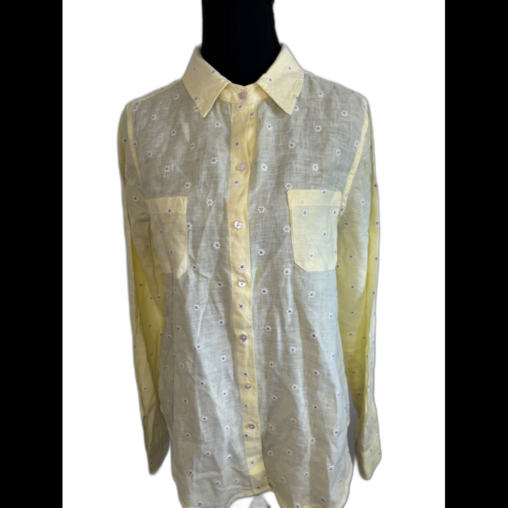 Lilly Pulitzer Linen Finch Yellow Button-Down Shirt Embroidery Daisies Small